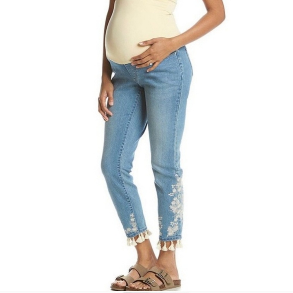 Flutter & Kick Maternity Light Wash Boho Embroidered Applique Tassel Hem Sz 10